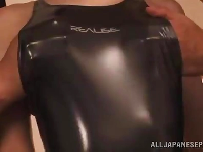 Sleek Oiled Japan Beauty in Snug Dress Nailed Hard by Dual Cock Action
