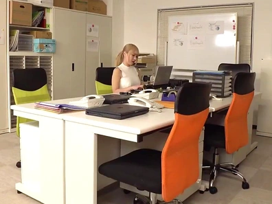 Big-Busted Blonde Juggles Duties & Dildos Before Hot Office Creampie Finish