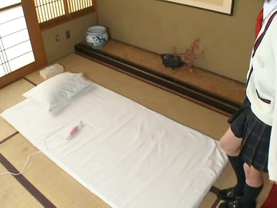 Skinny Japanese schoolgirl Towa Aragaki drills her pussy
