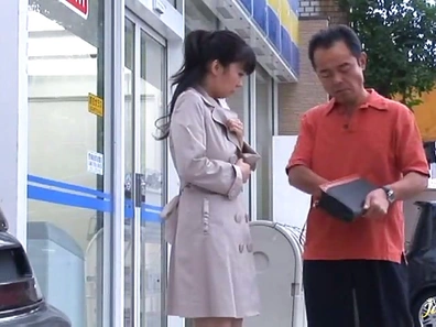 Perverted Japanese woman naked under the coat and on the ground