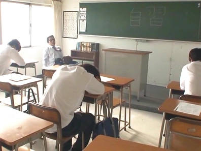 Mischievous Japanese schoolgirls share and suck one hard dick
